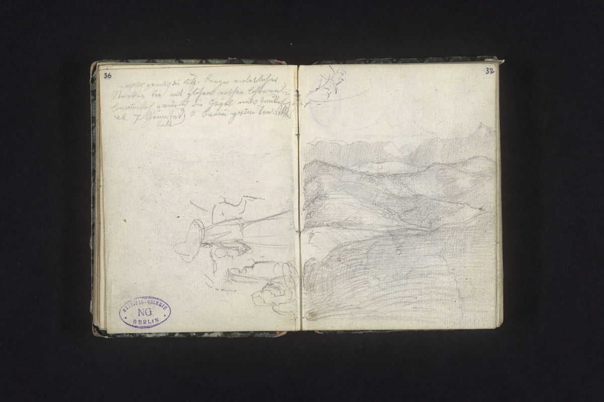 Frau mit Kindern und Esel, Berglandschaft