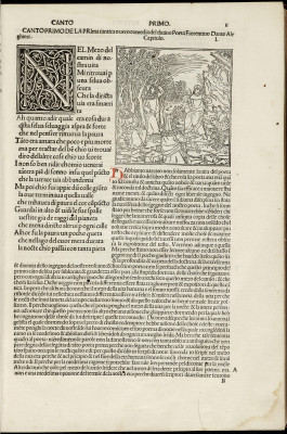 Seite mit Illustration zum ersten Gesang des Inferno, in: Dante Alighieri: La Commedia. Mit Komm. von Christophorus Landius. Mit einer Einleitung des Verfassers und Beig. von Marsilius Ficinus. Hrsg. von Piero da Figino. Daran: Rime diverse. Venedig: Petrus de Piasiis, 18.XI.1491.