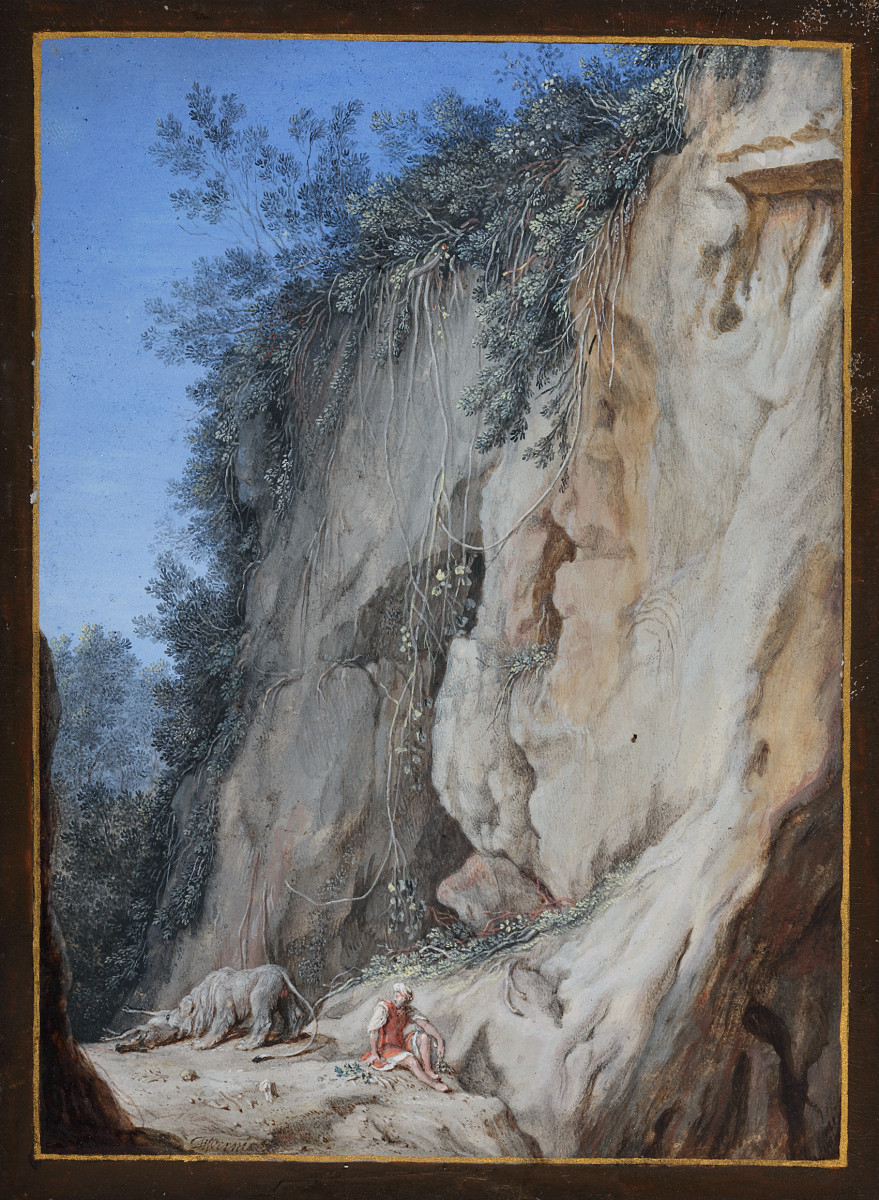 Felsenlandschaft mit einem Mann und Löwen