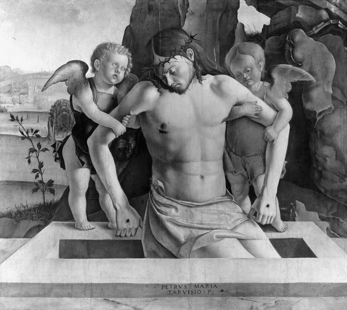 Der tote Christus von zwei Engeln gestützt